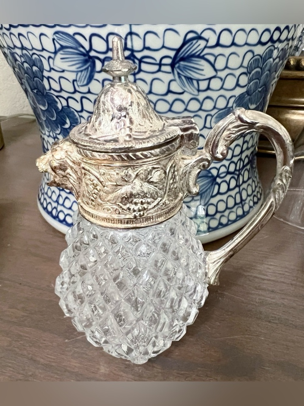 Vintage Syrup Creamer Silverplated Lion's Head & Handle on Diamond Point Crystal